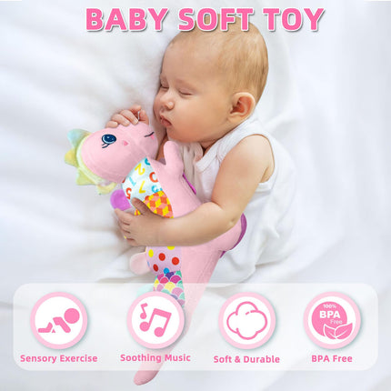 Baby Sensory Dino Musical Stuffed Animal Toys for 0-3-6-9-12 Months，Infant Dinosaur Tummy Time Toys with Crinkle Sound Paper，Teether，Textures & Rattles for Newborn Boys Girls Birthday Gifts，Pink