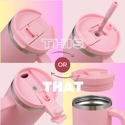 Thermosis 40oz Leakproof Stainless Steel Tumbler with Handle & Straw Insulated, PINK