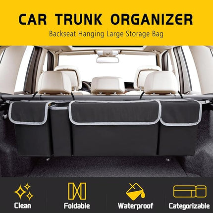 Car Trunk Organizer, Backseat Hanging Storage Bag with 4 Pockets, Foldable Waterproof Oxford Cargo Storage Bag for SUV Truck MPV VAN T8