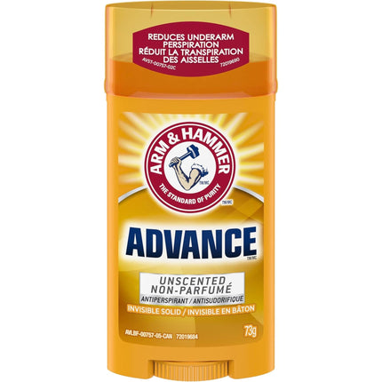 Arm & Hammer Advance Invisible Solid Antiperspirant Deodorant Stick, Unscented, Powered by Baking Soda, 48H Protection, 73g