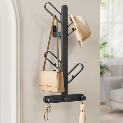 SONGMICS HOME Coat Hook Wall Mount, Wall Hooks, Branch-Look Rack with 7 Hooks, Ball Tips, for Clothes, Hats, Bags, Ink Black URCR035B01