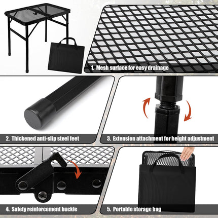 NQEUEPN Folding 2ft Metal Collapsible Camping Table Grill Table Height Adjustable Lightweight & Portable Grill Stand Table with Mesh Desktop for Outdoor Picnic BBQ Camping Beach RV