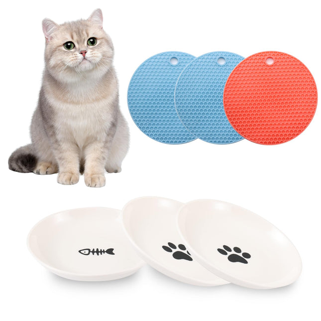 3 Pack Ceramic Cat Bowls, Plate with 3 Pack Silicone Pet Feeder Mats