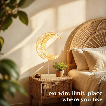Lewondr Moon Shape Rattan Battery Powered Light, Winding Thread LED Crescent Lamp Light
