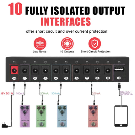 HSMOOT Pedal Power Supply Fully Isolated Guitar Pedal Power Supply 10 Independent DC Outputs for 9V/18V Guitar Bass Effect Pedal with Buffer Pedal USB Port