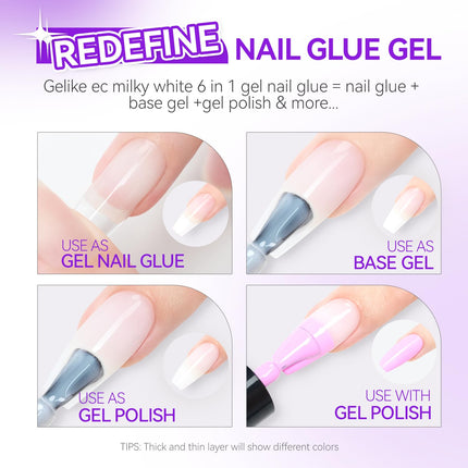 Gelike EC Gel Nail Glue Milky White 32ML 2PCS - 6 in 1 Vitamin B&E Extra Strong Brush on Nail Glue for Acrylic Nails, Long Lasting Jelly Base Gel Adhesive UV Nail Glue for Press On Nail Tips