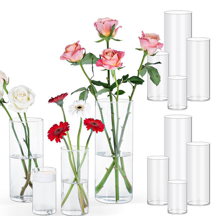 UPBUD 12PC Clear Cylinder Vases for Centerpieces | 4, 6, 8,10 Inch Tall Flower Vase for Wedding Decorations, Clear Floating Candle Vases in Bulk, Hurricane Candle Holders for Table, Home Décor