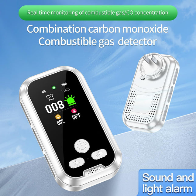 Gedsffati 4in1 Plug in Carbon Monoxide Alarm & Combustible Natural Gas Alarm Combination Detector Builti-in Backup Battery HD Screen [ CO Gas Temp Humidity Sensor] for Home Indoor