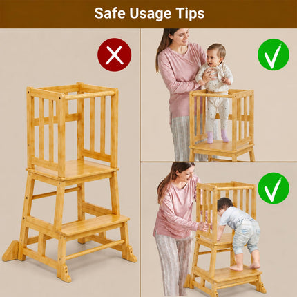 COSYLAND Baby and Toddler Step Stool Kitchen Nursery Helper Stand with Safety Rail in Natural Bamboo, Strong and Lightweight Toddler Kitchen Stool Helper - Natural