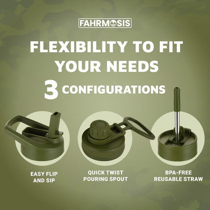 FAHRMOSIS 64oz Insulated Stainless Steel Water Bottle with Strap 3 Lids (Straw, Chug and Flip Lid), ARMY GREEN