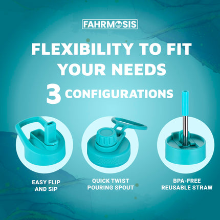 FAHRMOSIS 64oz Insulated Stainless Steel Sports Water Bottle with Strap 3 Lids (straw, Chug and Flip Lid, TEAL