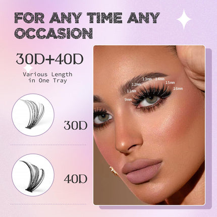 SWIFFERS 280PCS Sash Clusters Lashes, 30D+40D 9-16mm Mixed Length, DIY Individual Eyelash Extension, D Curl Individual Mixed Tray Natural Soft Wispy Lash