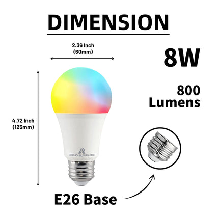 Reno 6-Pack A19, 8W, RGBW Color Changing Light Bulbs with App Control, 800 LM, Voice Control, Works with Google Assistant, 2.4G WiFi