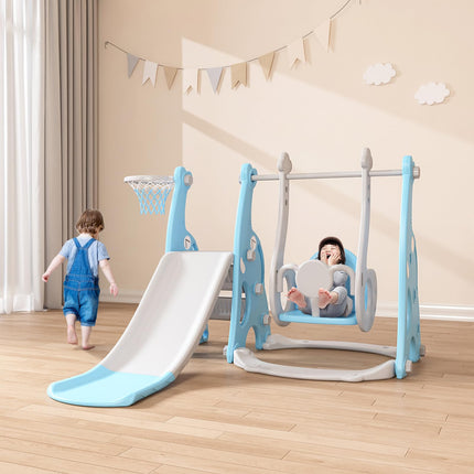 EAQ 4-in-1 Slide and Swing Set with Climber and Basketball Hoop,Play Climber Slides Playset for Indoor & Backyard ，Gifts for Toddlers(Blue)