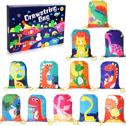 12 PCS Kids Party Favor Bags for Birthday Party Gift Drawstring Goody Package with Cartoon Dinosaur T21
