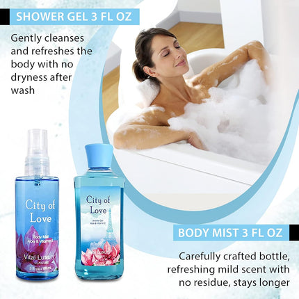 Vital Luxury Bath & Body Kit, 3 Fl Oz, Ideal Skincare Gift Home Spa Set, Includes Body Lotion, Shower Gel, Body Cream, and Fragrance Mist (Cityoflove)