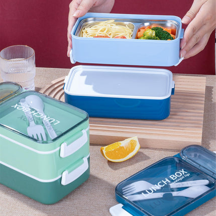 LetsLife 1600ml Bento Box for Adult Kids, Double-Layer Large Lunch Containers with Stainless Steel Inner, Built-in Cutlery and Sauce Pot, Leakproof Food Storage Container Set, Microwavable