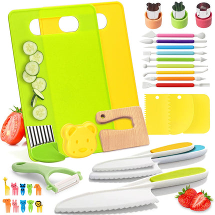 34 Pcs Montessori Kitchen Toys for Toddlers-Kids Knife Sets for Real Cooking with Safe Knives, Serrated Plastic Knives, Potato Slicers, Sandwich Cutter, Peeler and Cutting Board