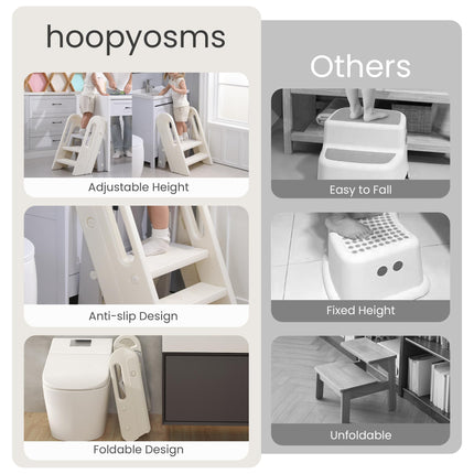 hoopyosms Toddler Step Stool for Bathroom Sink Kids Foldable Toilet Potty Training Stool Adjustable 3 to 2 Stool with Handrail Baby Kitchen Stool Helper Children Step Ladder with Non-Slip Pads