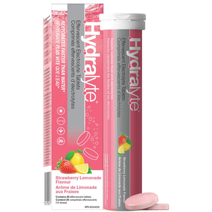 HydraLyte Effervescent Electrolyte Tablets - Strawberry Lemonade, Low Sugar Electrolytes Formulated to Accelerate Hydration, Post Workout, Travel Essential - Safe Hydration for All Ages (20 Count)