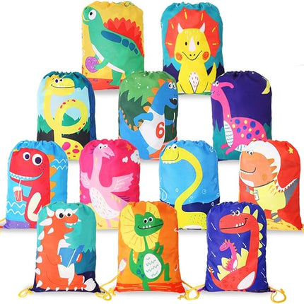 12 PCS Kids Party Favor Bags for Birthday Party Gift Drawstring Goody Package with Cartoon Dinosaur T21