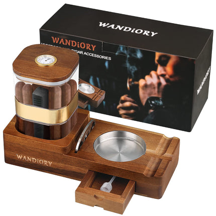 WANDiORY Cigar Humidor Ashtray Set, Multi-functional Cigar Humidors with Sealed Box, Hygrometer, Humidifier, Detachable Ashtray, Small Drawer, Cutter, Brown, Acacia Wood, Rustic Modern Style