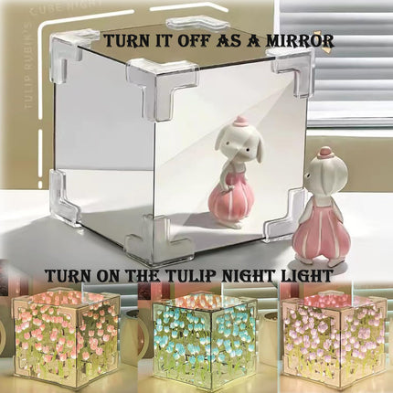 Neioaas 2-in-1 Handmade DIY 20 Tulip Flowers Cube Mirror LED Night Light, Pink Mutli