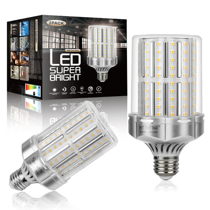 HT PETTER Corn Bulb, 30W E26 Base LED Light Bulb, 3800 Lumens, Equivalent to 250W-300W Incandescent Light Bulbs, Edison Screw-in Bulb,Not Dimmable, No Flicker, 2 Pack (Silver, 3000K Warm White)