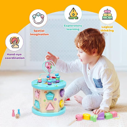 Wooden Activity Cube Baby Toys Montessori Toys for 1+ Year Old 4-in-1 Educational Learning Toys with Bead Maze T121