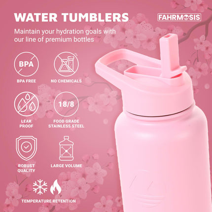 FAHRMOSIS 24oz insulated Stainless Steel Water Bottle with Straw Includes 3 Lids, PINK