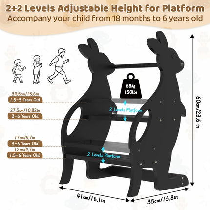 Wooden 2 Step Stool for Toddlers, Adjustable Height Toddler Learning Standing Ladder Tower with Handrails, Kitchen Toddler Stool Helper for Bathroom Sink Toilet Potty Training
