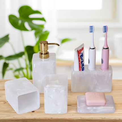 Suanti Bathroom Accessory Sets,5 pcs White Bathroom Decor Sets with Lotion Dispenser, Soap Dish, Tumbler, Toothbrush Holder, Q Tip Holders