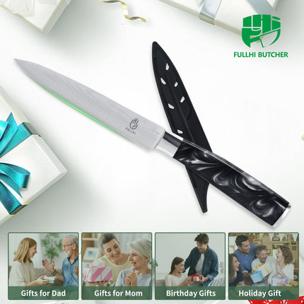 FULLHI 5" Multicolor Japanese Utility Stainless Steel Paring Knife with Sheath Guard, Black Resin