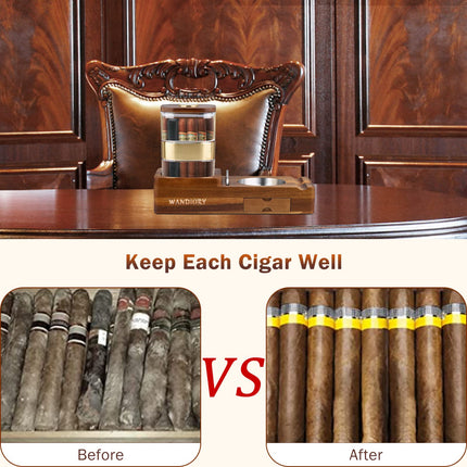 WANDiORY Cigar Humidor Ashtray Set, Multi-functional Cigar Humidors with Sealed Box, Hygrometer, Humidifier, Detachable Ashtray, Small Drawer, Cutter, Brown, Acacia Wood, Rustic Modern Style