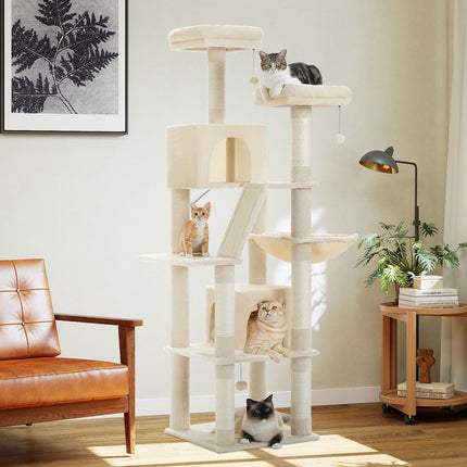 PEQULTI 70.9" Large Cat Tree for Indoor Cats,180cm Tall Cat Tree for Large Cats, Multi-Level Plush Cat Tower with 6 Scratching Posts, 2 Cat Condos, 2 Perches, Hammock, Pompoms, Cream #C2