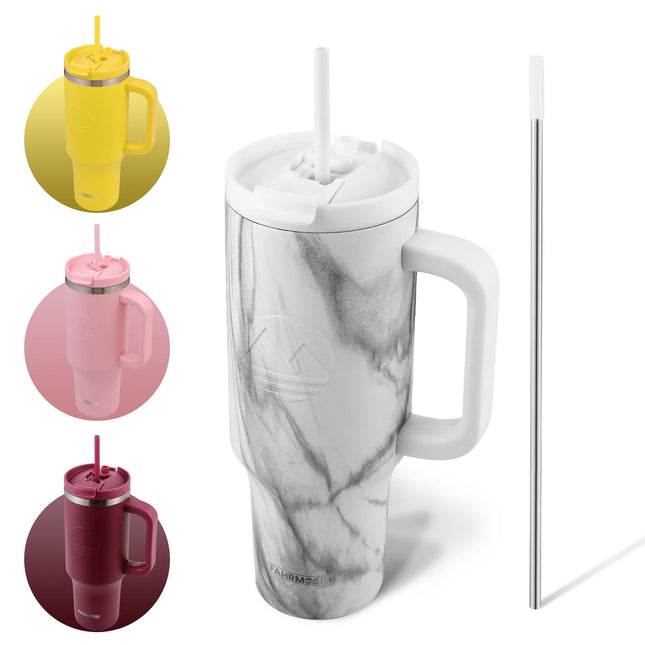FAHRMOSIS 40oz Leakproof Hot n Cold Insulated Tumbler with Handle and Straw, WHITE MARBLE