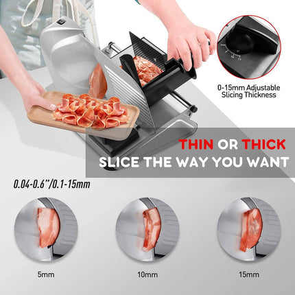 Meat Slicer, Techwood 150W Electric Food Slicer with Removable 7.5” Stainless Steel Blade, Deli Fruit Vegetable Cutter with Adjustable Knob for Thickness, Food Carriage & Non-Slip Feet, Double Blade