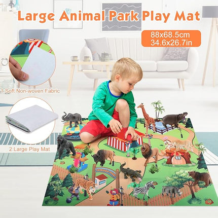 Aomola 24PCS Plastic Animal Toy Figure with Activity Play mat and Trees,Realistic Animal Figurines playset,Educational Jungle Toy Birthday Gift T18