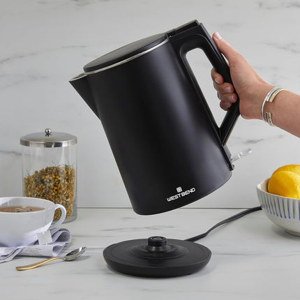 West Bend Electric Kettle Cordless Serving Features Stainless Steel Interior Boil Dry Protection and Auto Shut Off, 1.5-Liter, Blackboard