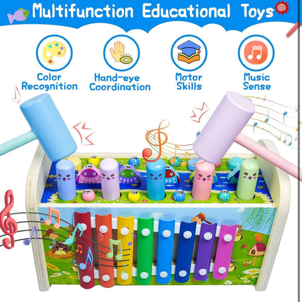 BLiSS HUES 7 in 1 Multiactivity Wooden Montessori Toys Toddlers- Includes Games Whack a Mole- Fishing- Xylophone- Sliding Maze & More- Fine Motor Skills & Sensory Toys for Kids