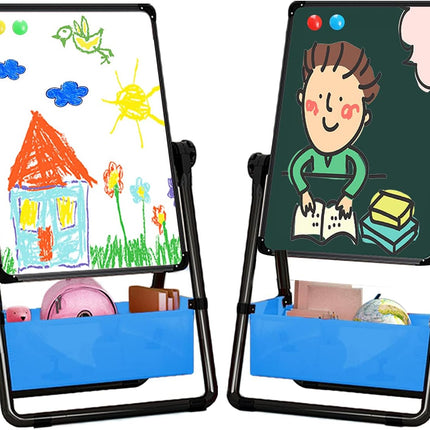 Kids Art Easel Double Sided Whiteboard &Chalkboard Height Adjustable U-Stand 360° Rotating with Early Learning Accessories (Black)