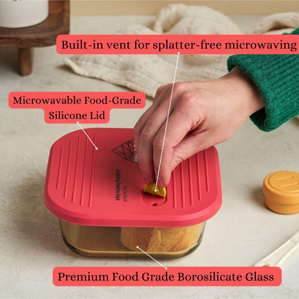 Glass Lunch Containers with 2 Lids, Microwave-Safe Silicone Vent Lid (Red) & Airtight PP Lid (White) with Utensil Storage, Leakproof Glass Snack Container, 26 oz Microwave Lunch Box for Salad & Snacks