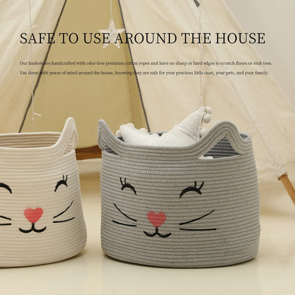 ZLG Cat Face Basket with Handles Handmade Standing baskets for Nursery Decor and Storage