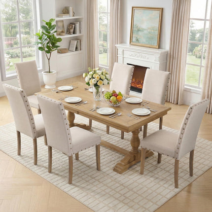 Upholstered Fabric Dining Chair Diner Kitchen Parsons Modern Stylish High Back with Bronze Nailhead Trim, Set of 2, Oat Beige