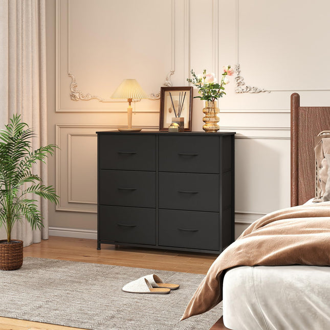 Somdot Dresser for Bedroom with 6 Drawers, Wide Storage Organizer Chest of Drawers with Fabric Bins for Living Room Closet Kids Bedside Nursery Laundry Entryway, Black