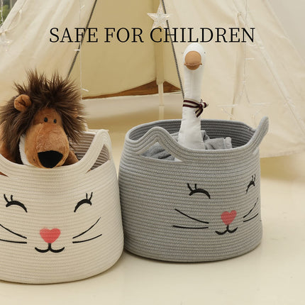 ZLG Cat Face Basket with Handles Handmade Standing baskets for Nursery Decor and Storage