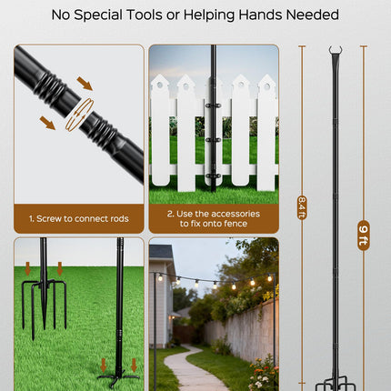 JACKYLED 4 Pack 10Ft String Light Poles,Light Poles for Outdoors with Fence Brackets,Outdoor Light Poles for Hanging String Lights,Metal Poles Stand for Deck Patio Backyard