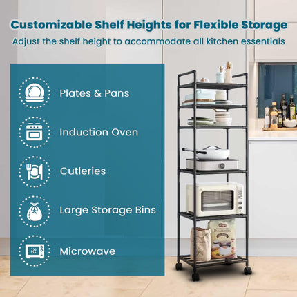 Jungle Fox Black 6 Tier Kitchen Storage Rack with Wheels, Adjustable, Durable, Easy-to-Assemble Organizer for Kitchen and Bakers, Functional Design