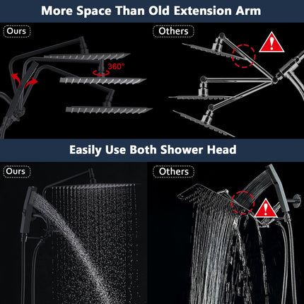 PDPBath All Metal Rain Shower Head with Handheld Built-in High Pressure Wash Mode, 12'' Rainfall Shower Head with Adjustable Z-shaped Extension Arm, Adjustable Brass Bracket, 79" Hose, Matte Black