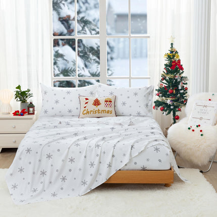 COTTEBED All Season Snowflakes Twin Size Bedding Sets - Cute White Snow Bed Sheet Sets with Pillowcase 15 inch Pocket for Kids Boy Girl Children - Xmas Super Soft Polycotton - Gifts Package